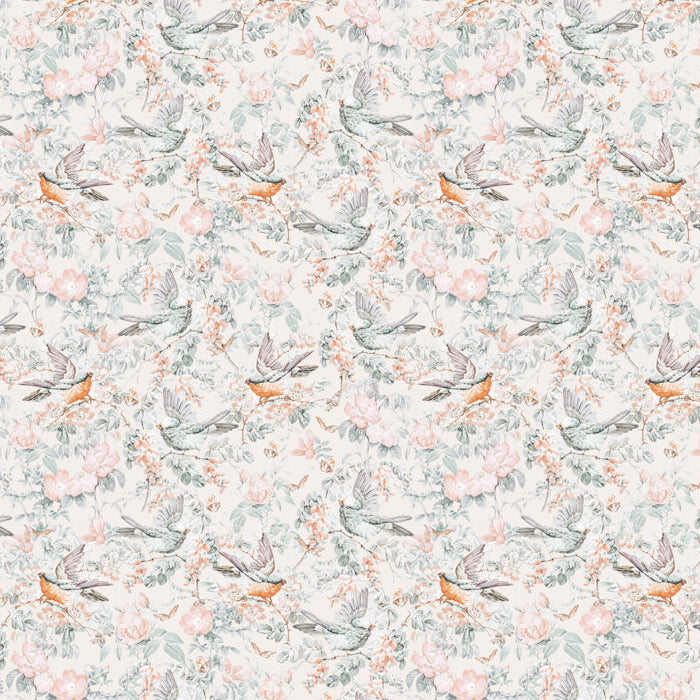 Birds in flight among blush roses